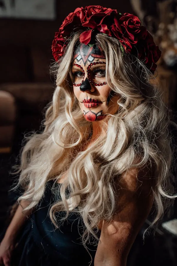 Blonde Woman in Halloween Wig and Skeleton Makeup Indoors