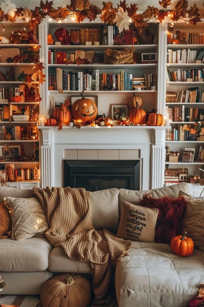 Bookshelf Decorated with Pumpkins and Cozy Fall Vibes