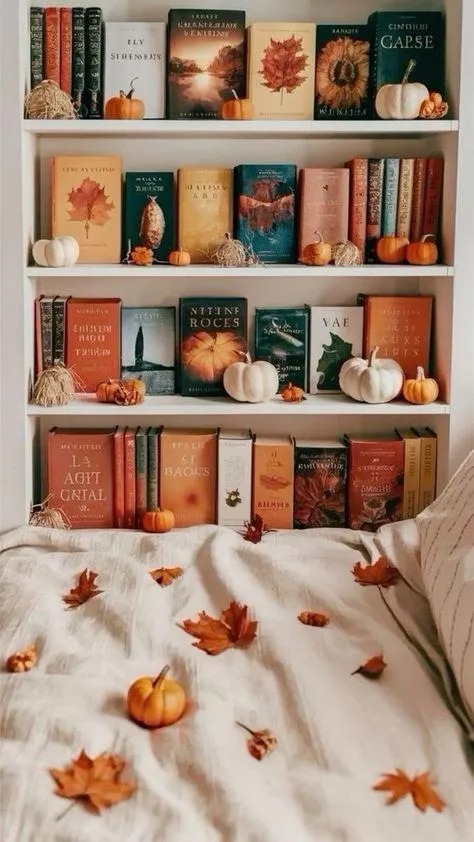 Bookshelf with Cozy Fall Decor and Halloween Accents