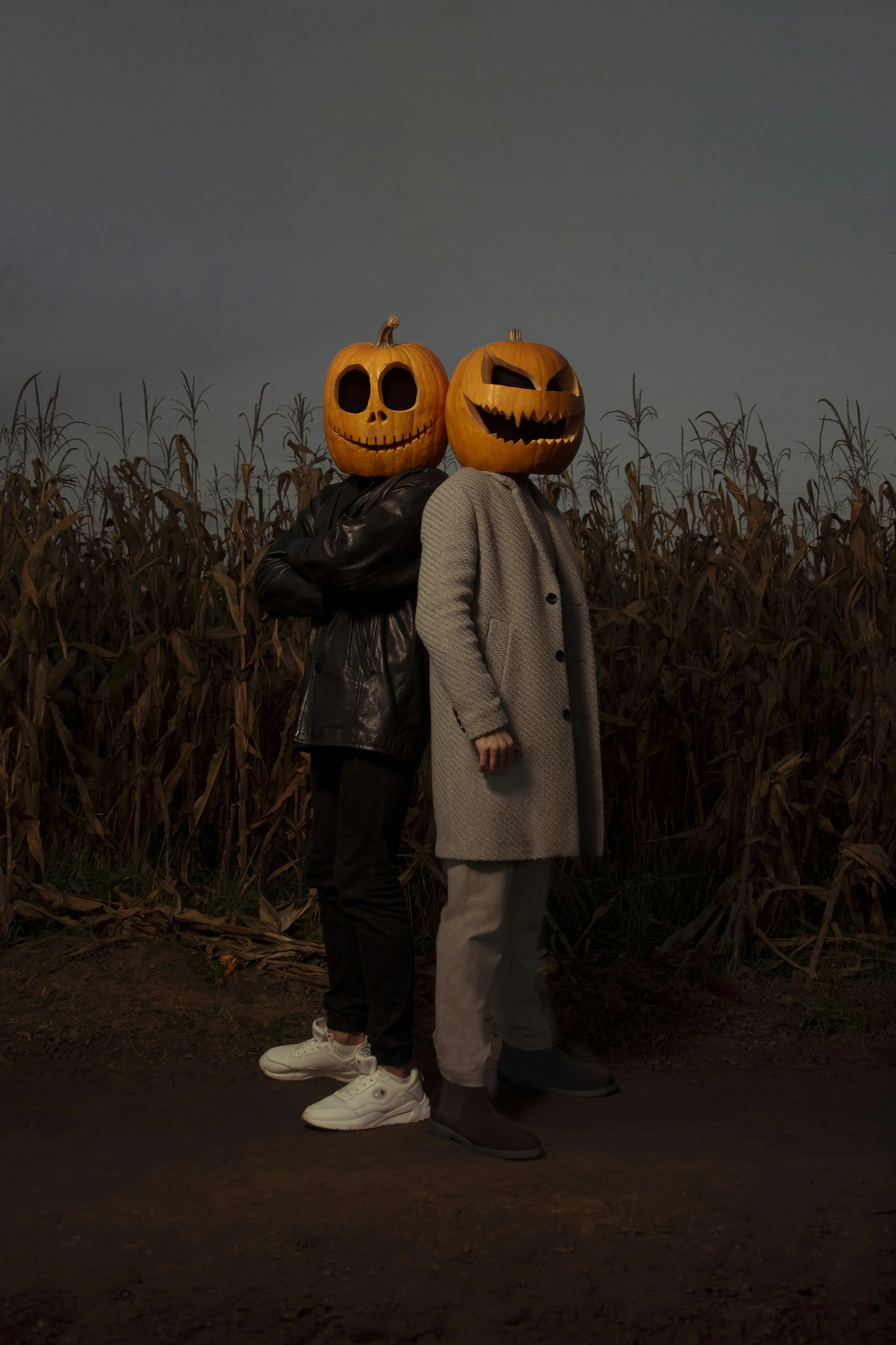 Boys Wearing Pumpkin Heads in Creepy Cornfield Wallpaper
