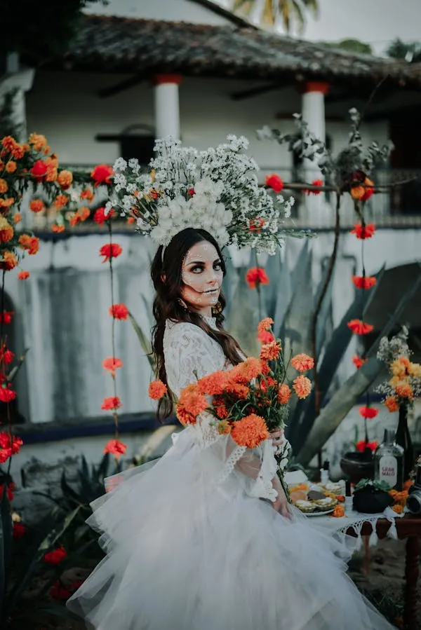 Bride in White with Halloween Decorations for Fall Theme