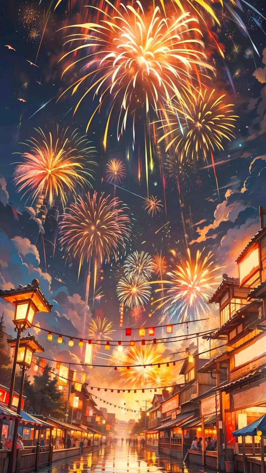 Bright and colorful fireworks illuminating a city street