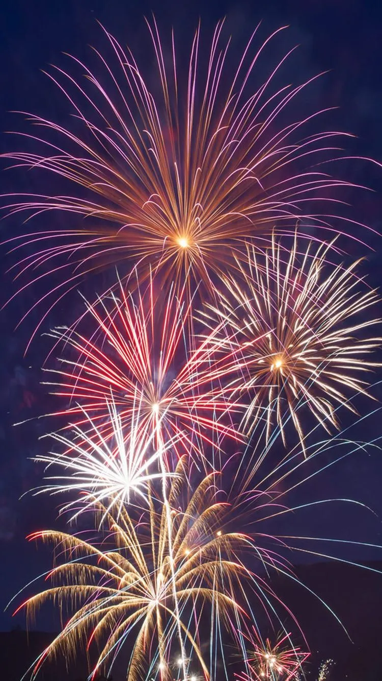 Bright colorful fireworks bursting over the city skyline