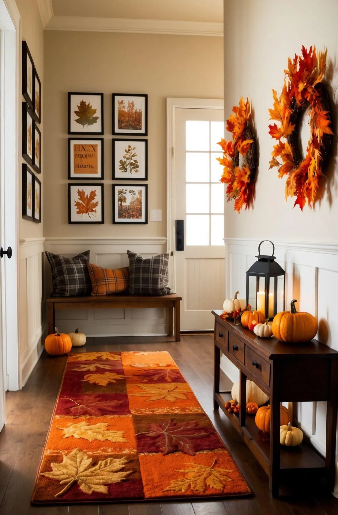 Bright Fall Hallway with Pumpkin and Leaf Decorations