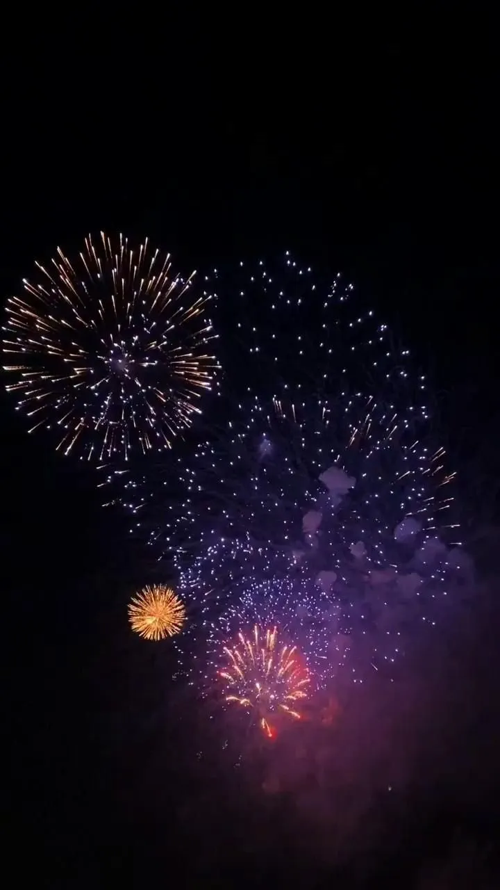 Bright fireworks bursting in the sky with colorful trails
