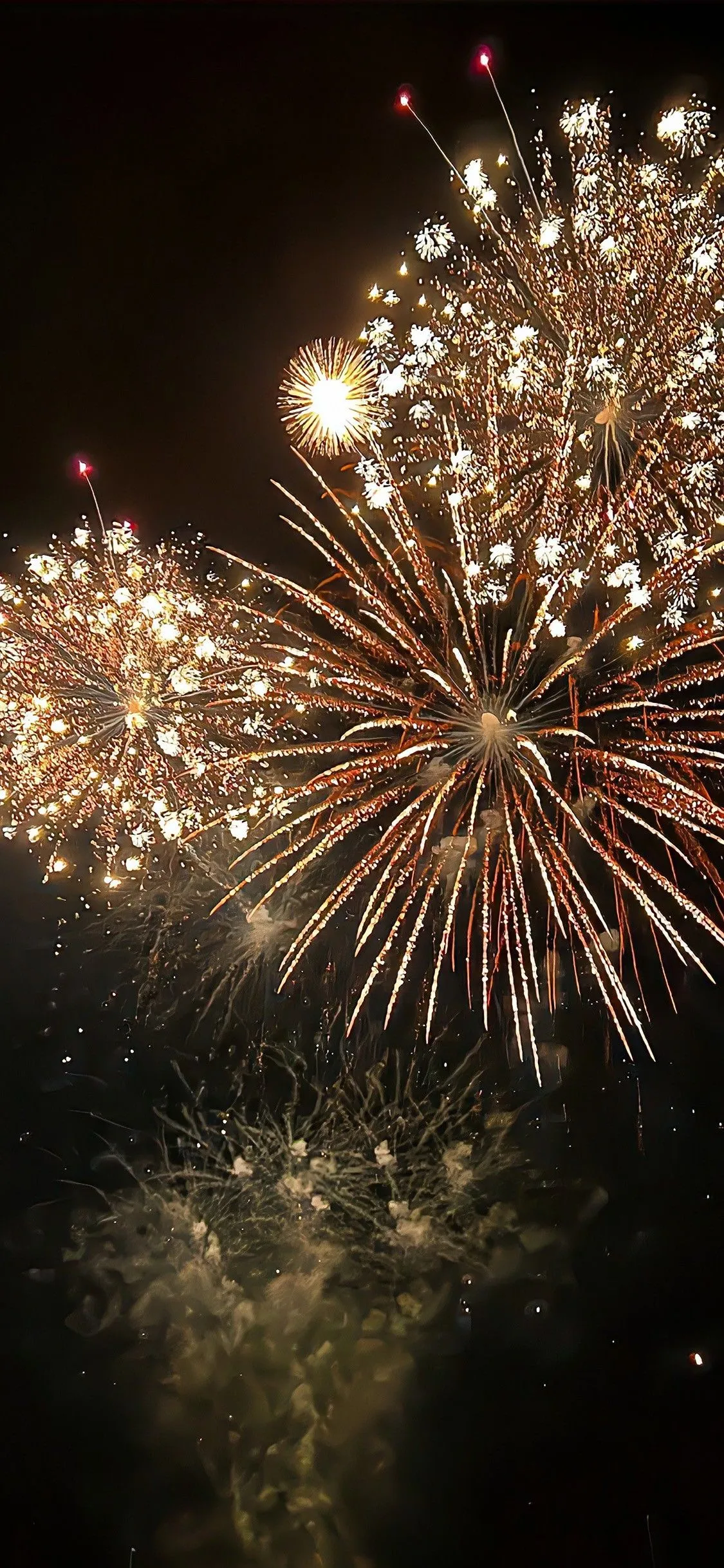 Bright Fireworks Bursting over Water During Evening Show