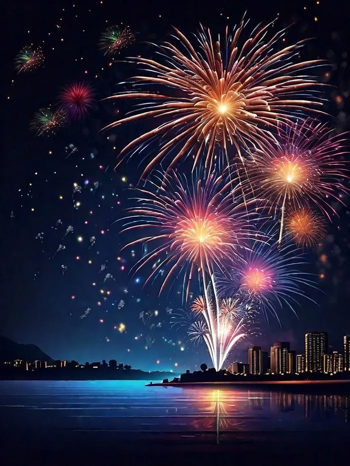 Bright fireworks explode over the city skyline Wallpaper