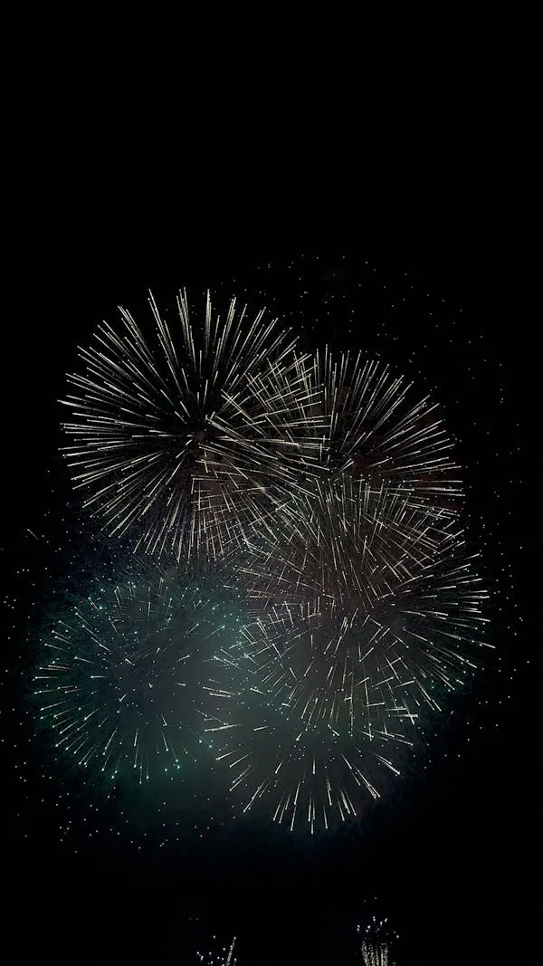 Bright fireworks exploding over a dark sky in patterns