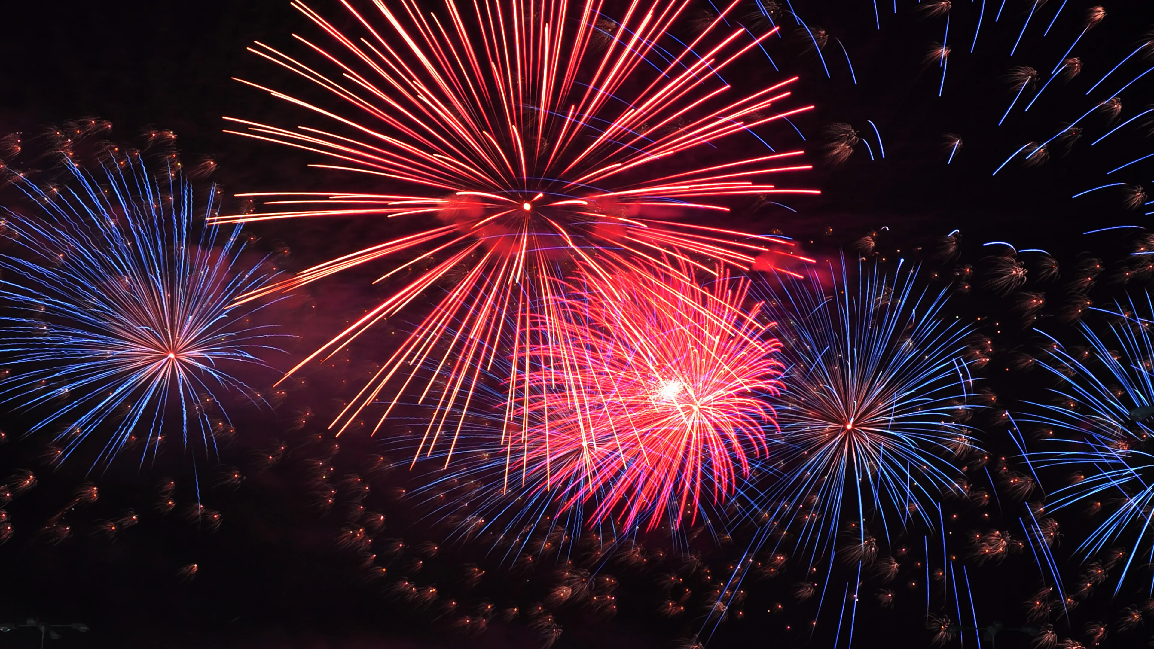 Bright fireworks illuminating the dark sky over the skyline