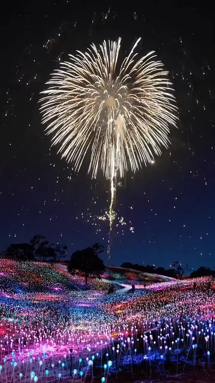 Bright Fireworks in the Sky over a Field of Lights Wallpaper