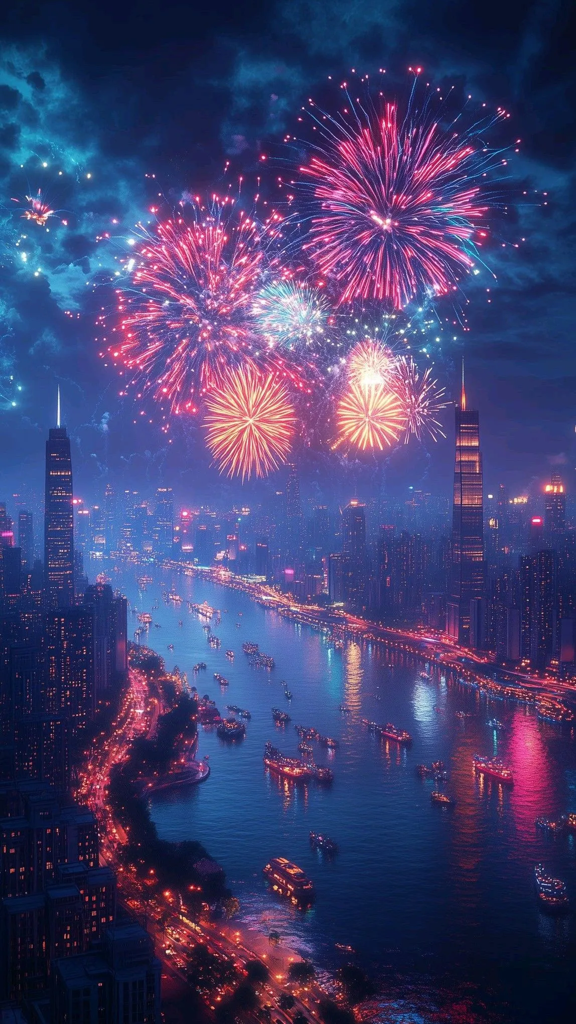 Bright Fireworks Lighting up the City Skyline over Water
