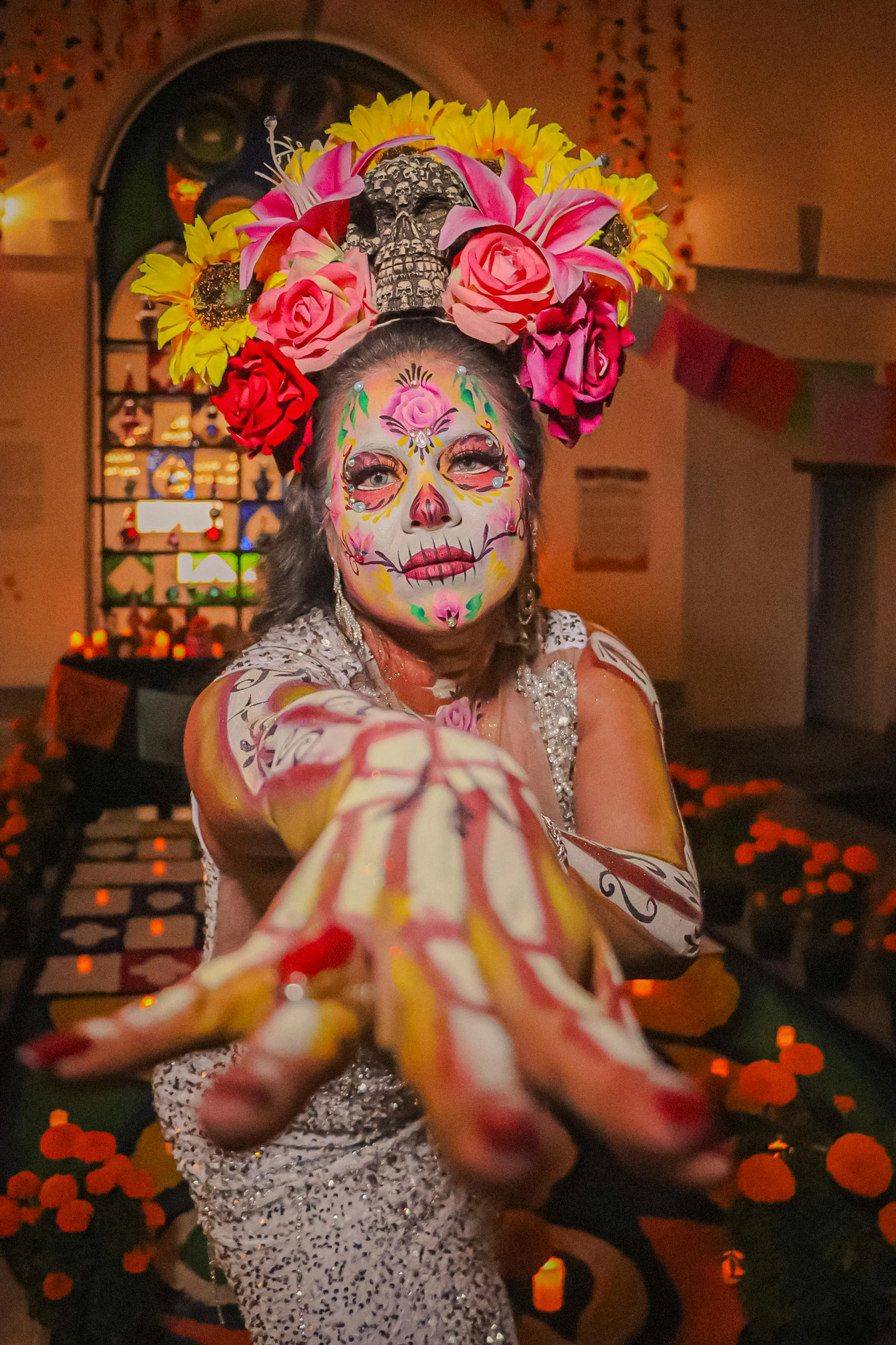 Bright Floral Makeup for Halloween Festival Celebration