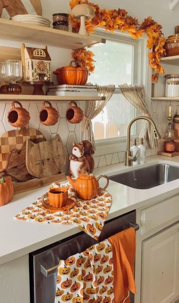 Bright Kitchen Decorated For Halloween with Pumpkins