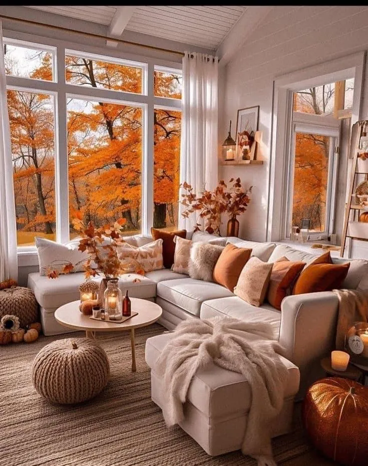 Bright Living Room with Cozy Furniture and Autumn Decor