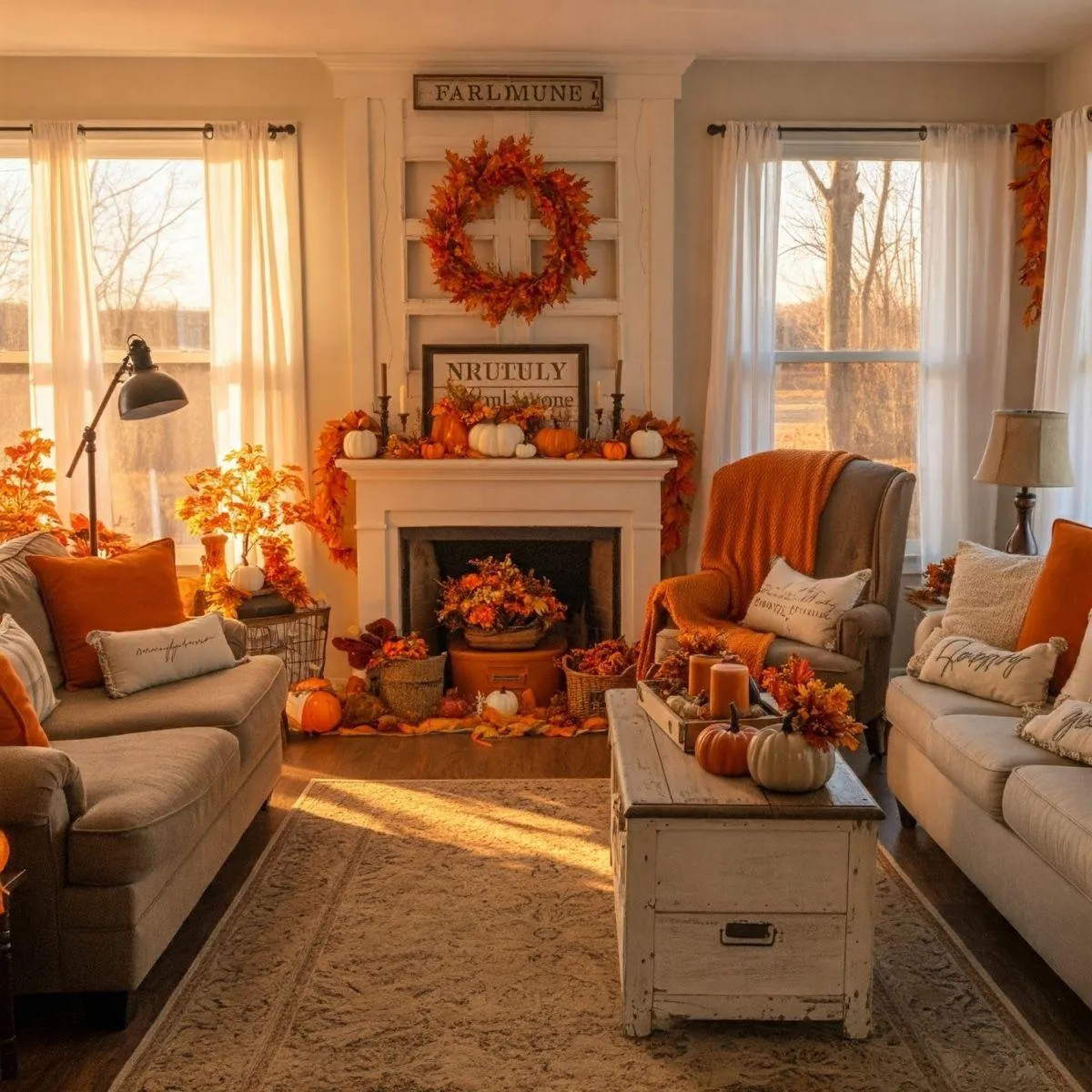 Bright Living Room with Halloween Decorations and Fireplace