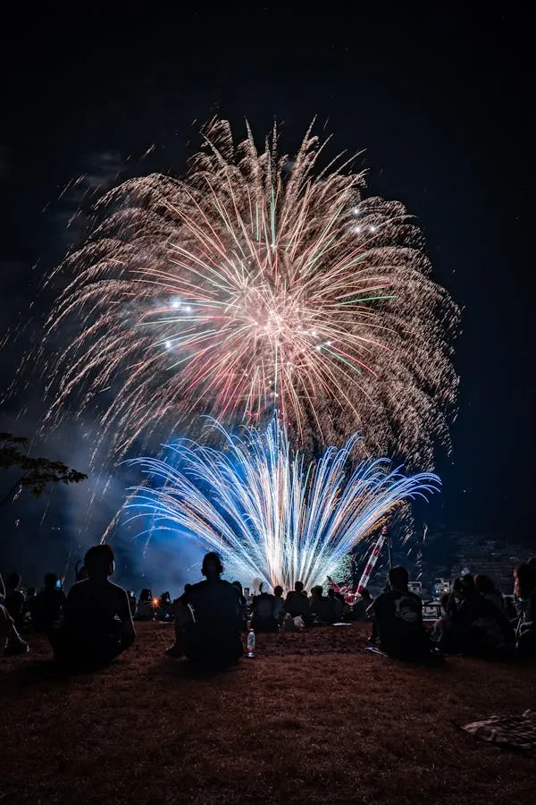 Bright multicoloured fireworks exploding over a crowd HD