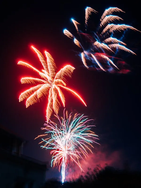 Bright Red and Yellow Fireworks Illuminating the Sky