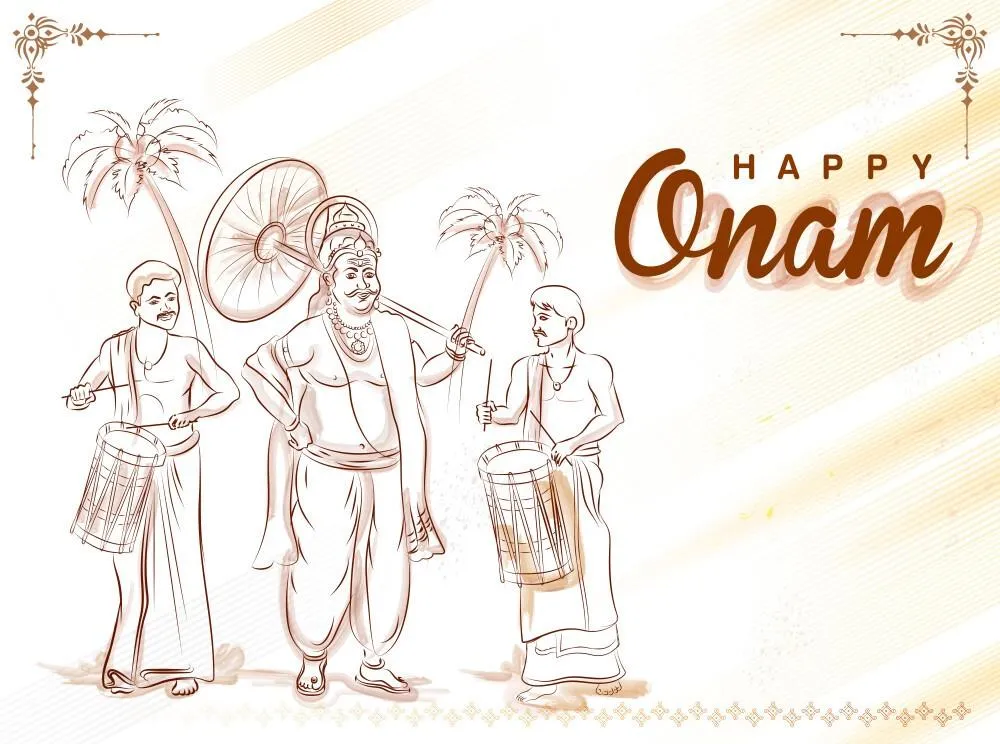 Brown text with happy Onam and the King of Mahabali