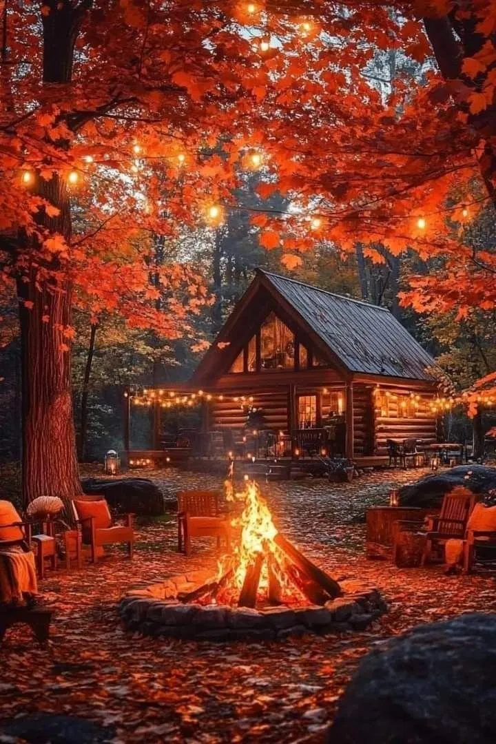 Cabin Campfire Setup with Glowing Fall Trees in The Woods
