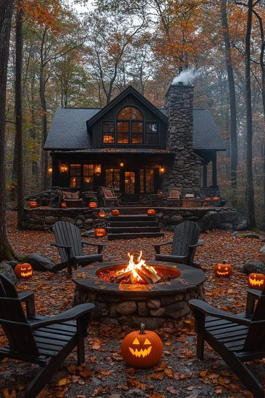 Cabin Firepit Surrounded By Halloween Pumpkins Wallpaper