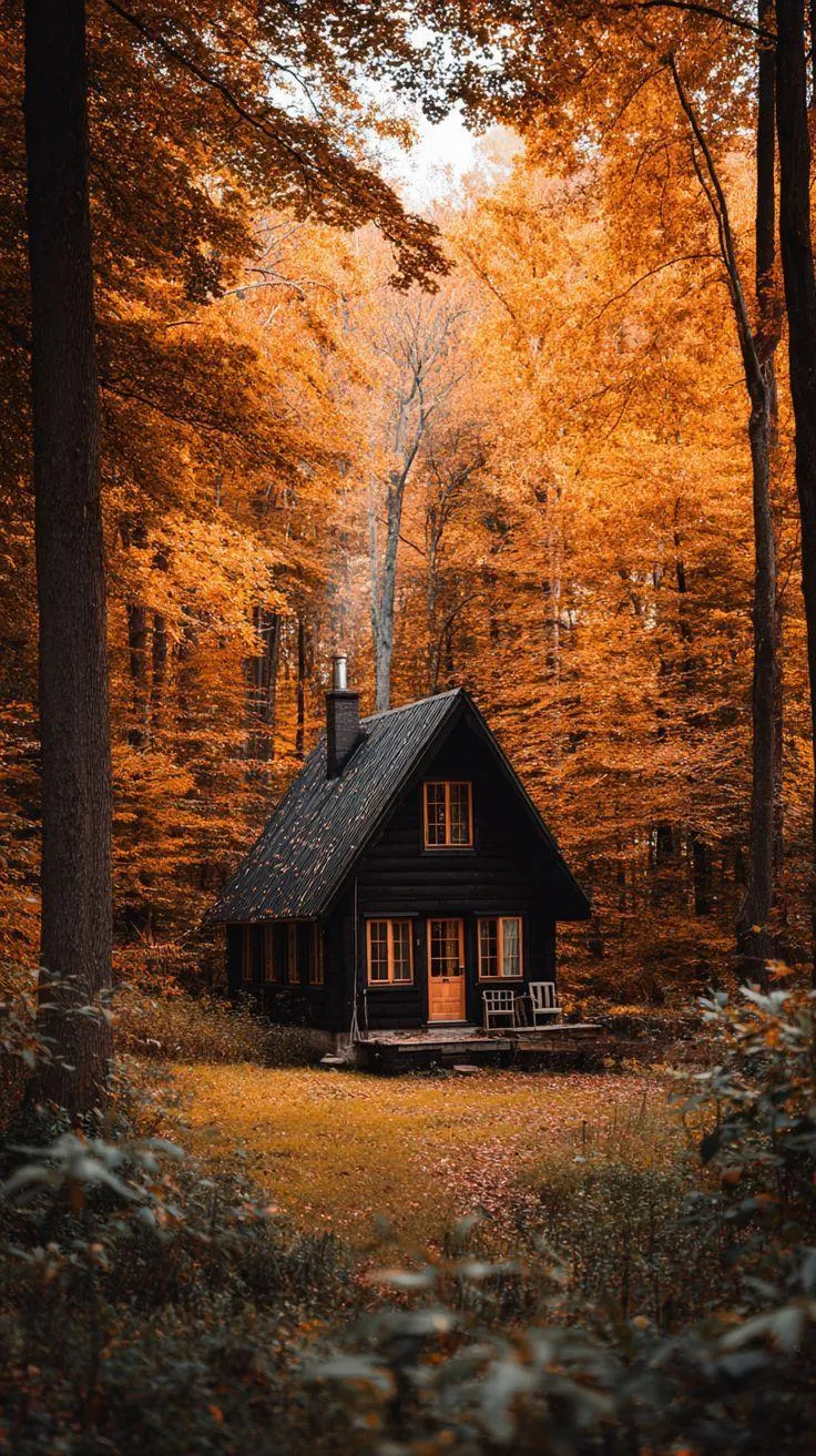 Cabin in Autumn Forest with Orange Trees Wallpaper