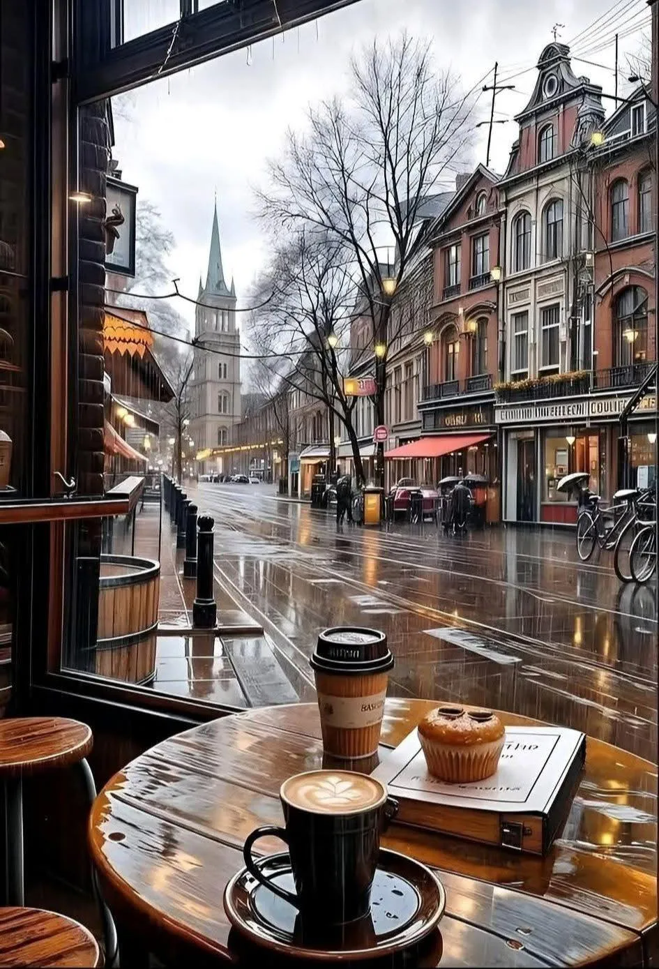 Cafe Street View with Coffee and Halloween Decor