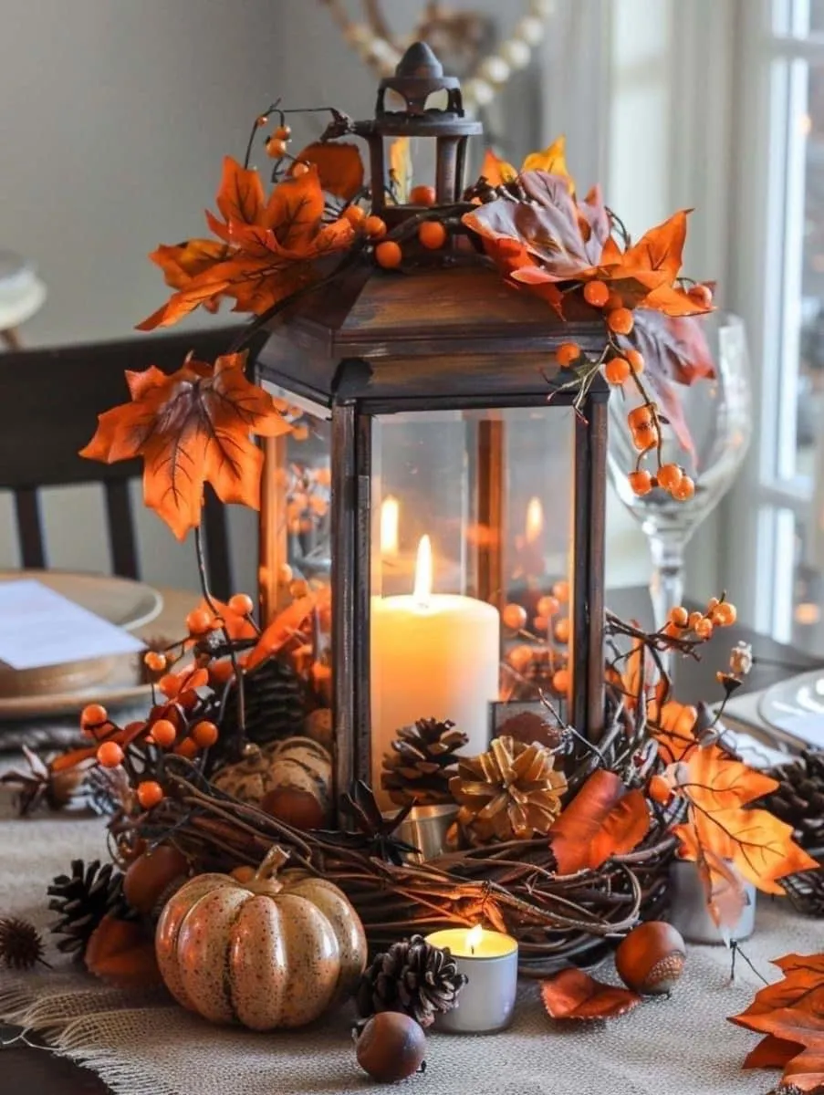 Candle Lantern Decorated with Fall Leaves and Mini Pumpkins