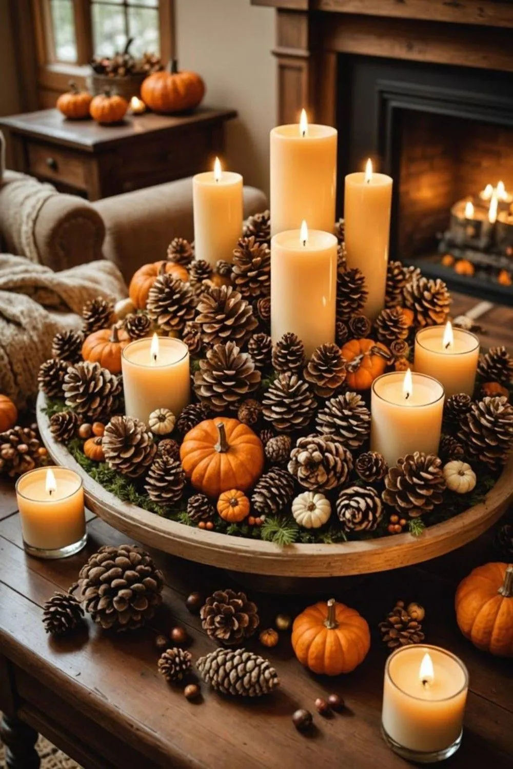 Candlelit Centerpiece with Pinecones and Mini Pumpkins