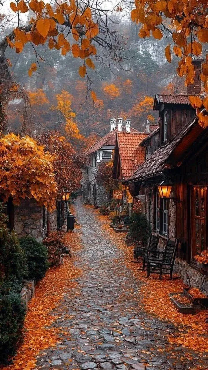 Charming Fall Town Street with Autumn Trees Wallpaper