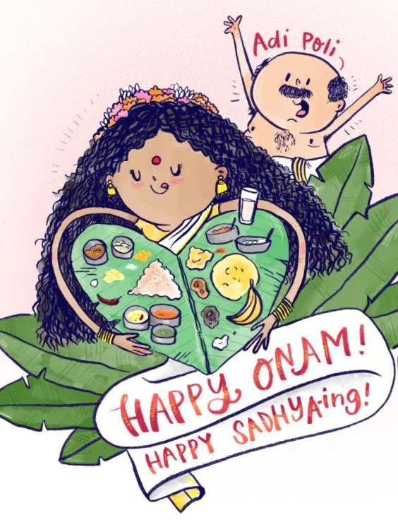 Children drawing the happy Onam picture and Adi Poli text