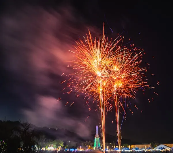 Clear professional photo of orange fireworks against night sky