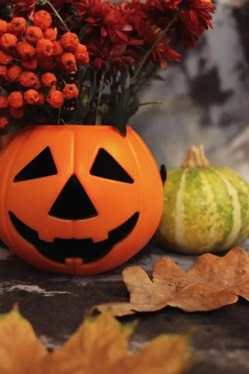 Close Up Of Large Jack O Lantern with Autumn Leaves