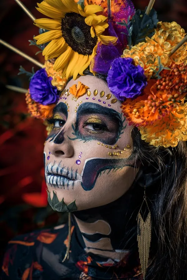 Close up of Woman with Flower Crown and Skull Makeup