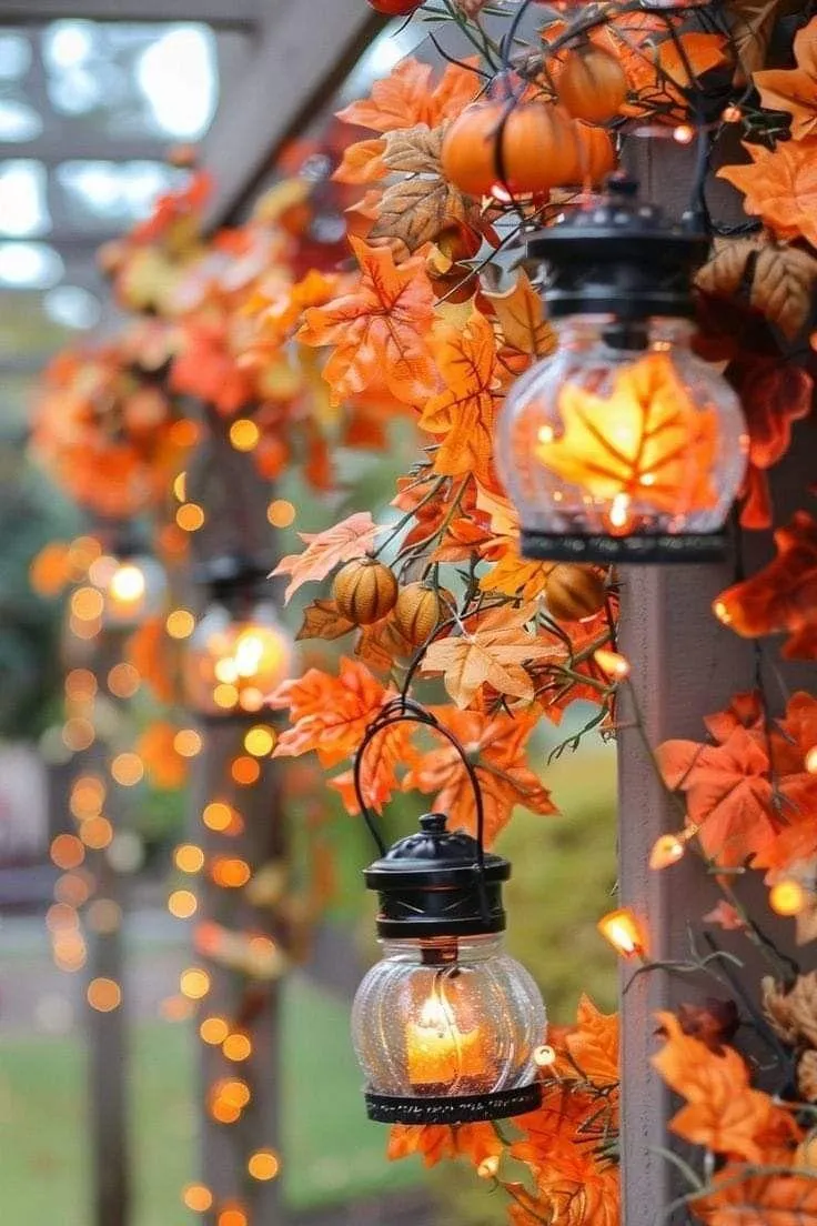 Closeup Of Autumn Lantern Surrounded By Fall Leaves Image