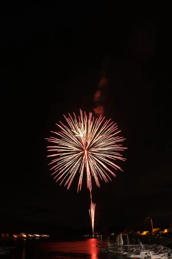 Colorful Firework Display over Water with Reflections
