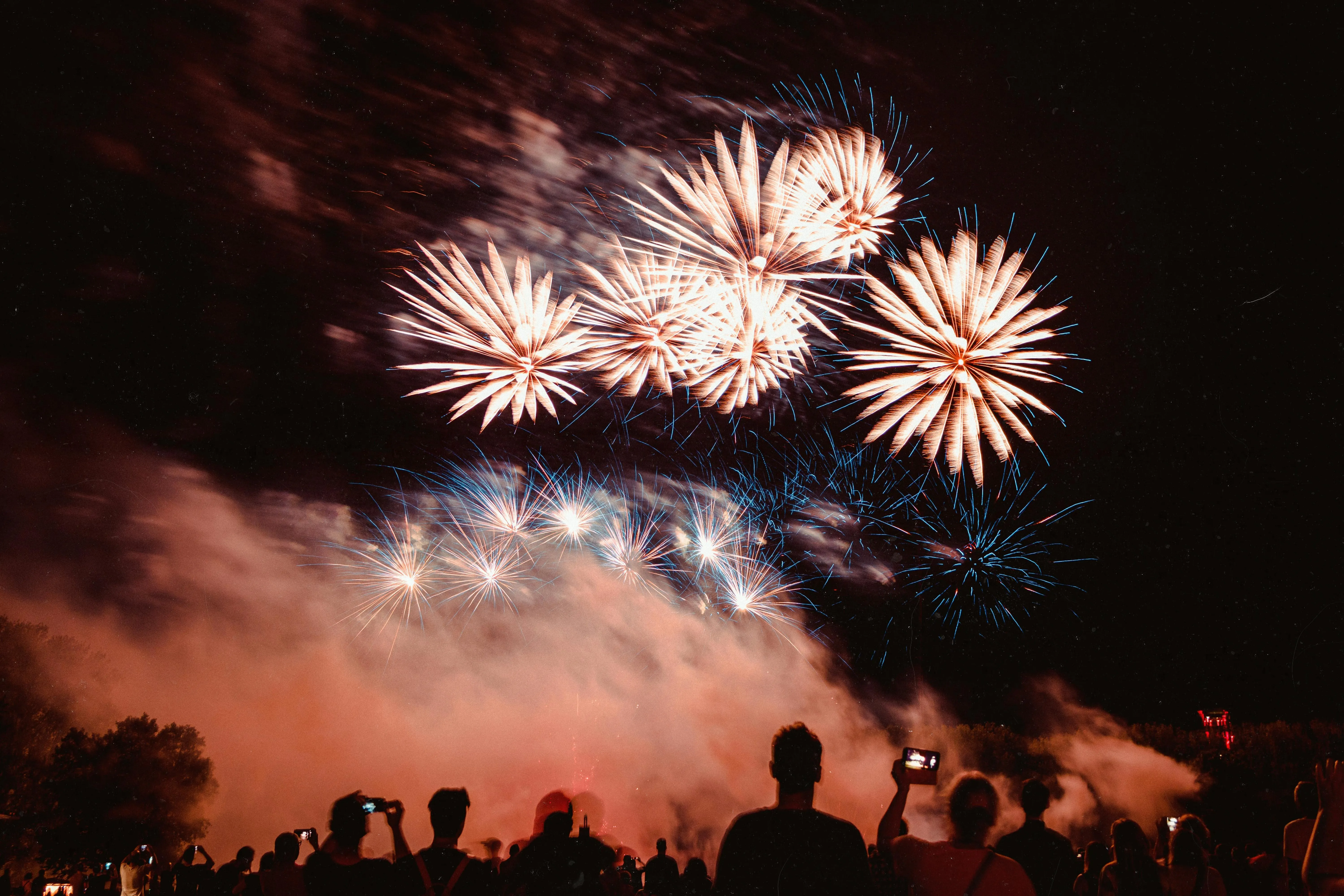 Colorful fireworks above the crowd during a celebration at night
