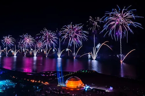 Colorful Fireworks Exploding over the Water at Night