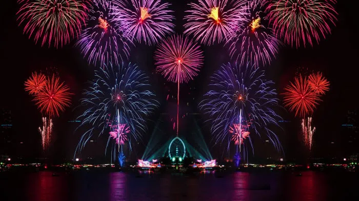 Colorful Fireworks Exploding over Water in a Night Festival