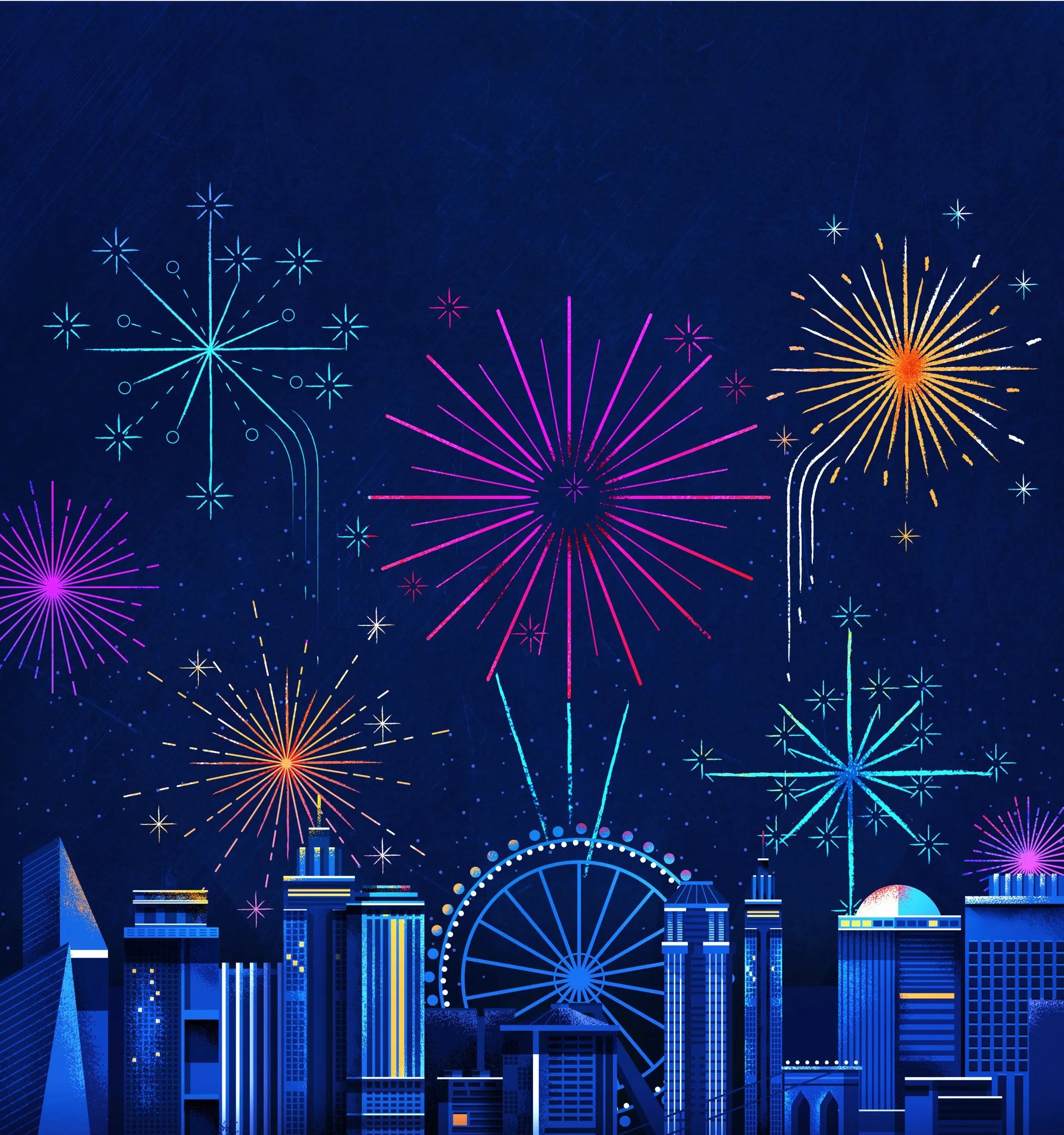 Colorful Fireworks over Cityscape at Night with Skyscrapers