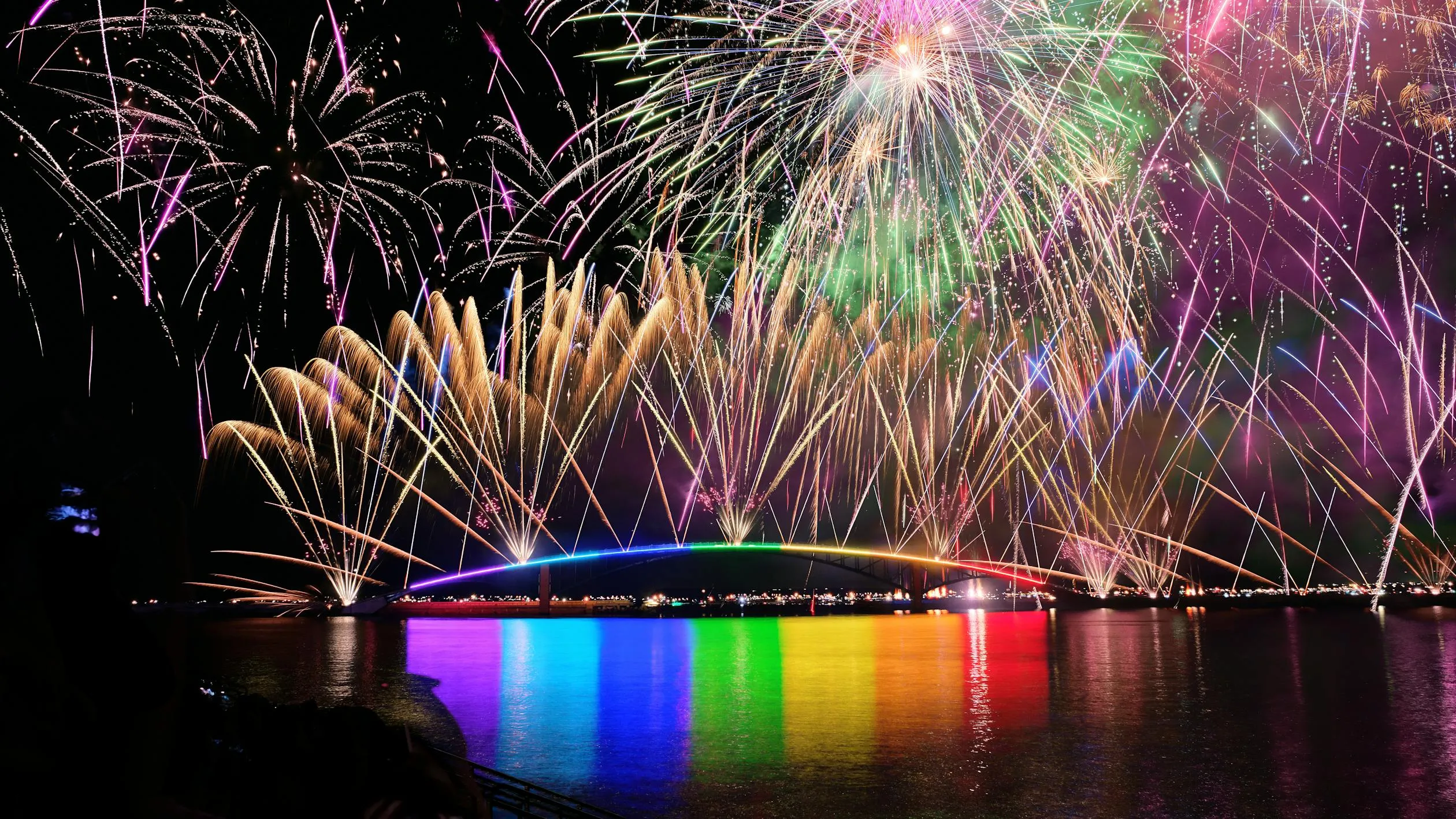Colorful fireworks reflecting on the water with a bridge