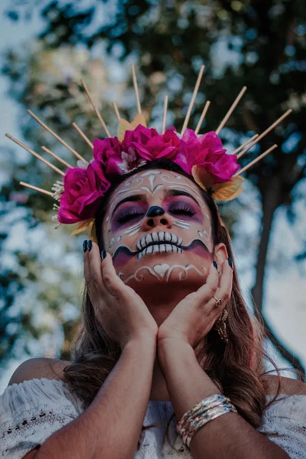 Colorful Sugar Skull Makeup with Floral Headpiece for Halloween