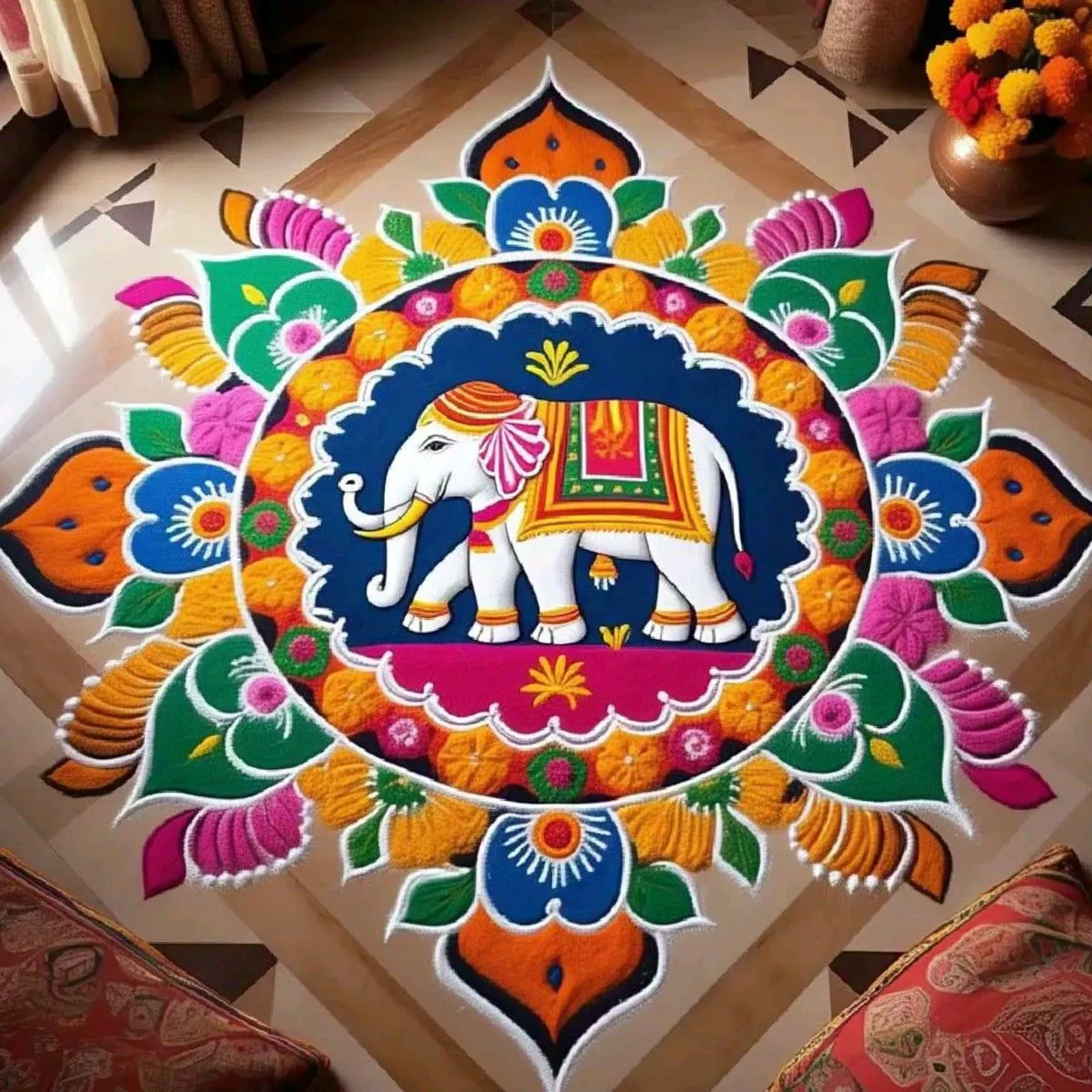 Colourful Elephant rangoli design art on the floor