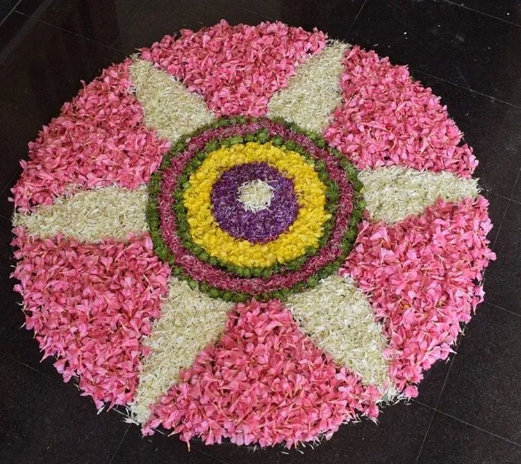 Colourful pink and white flower petals Athapookolam image