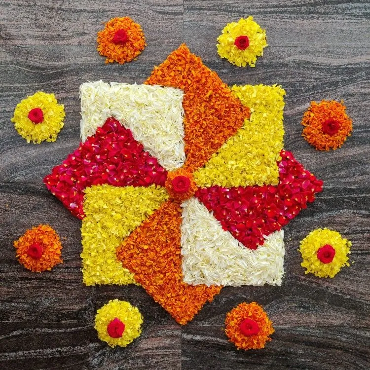 Colourful Pinwheel flower petal Rangoli Design images
