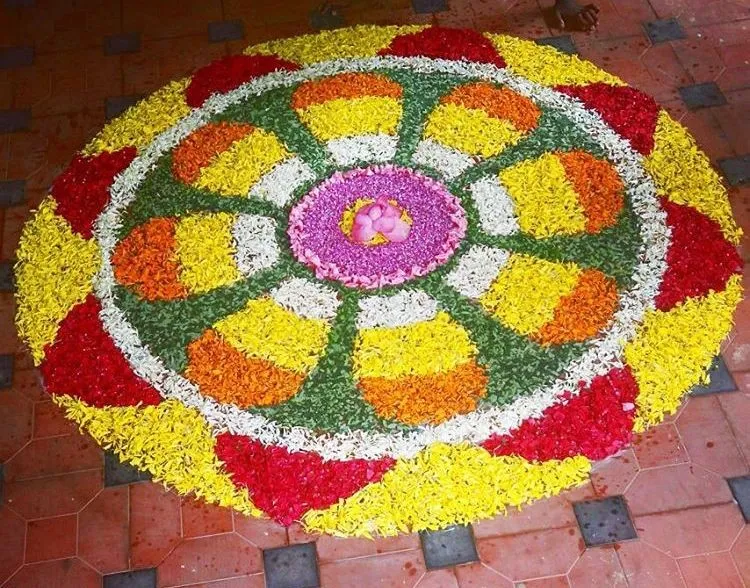 Colourful Round Onam kolam design with Floral Petal Patterns