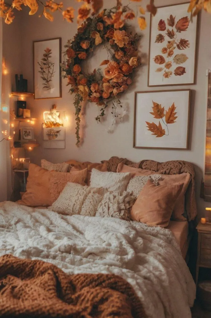 Comfortable Bedroom with Autumn Wreaths and Warm Colors