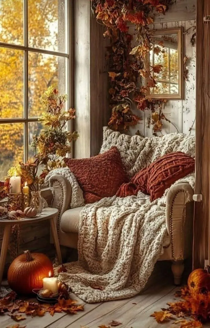 Comfortable Fall Reading Corner with Plush Blankets Image