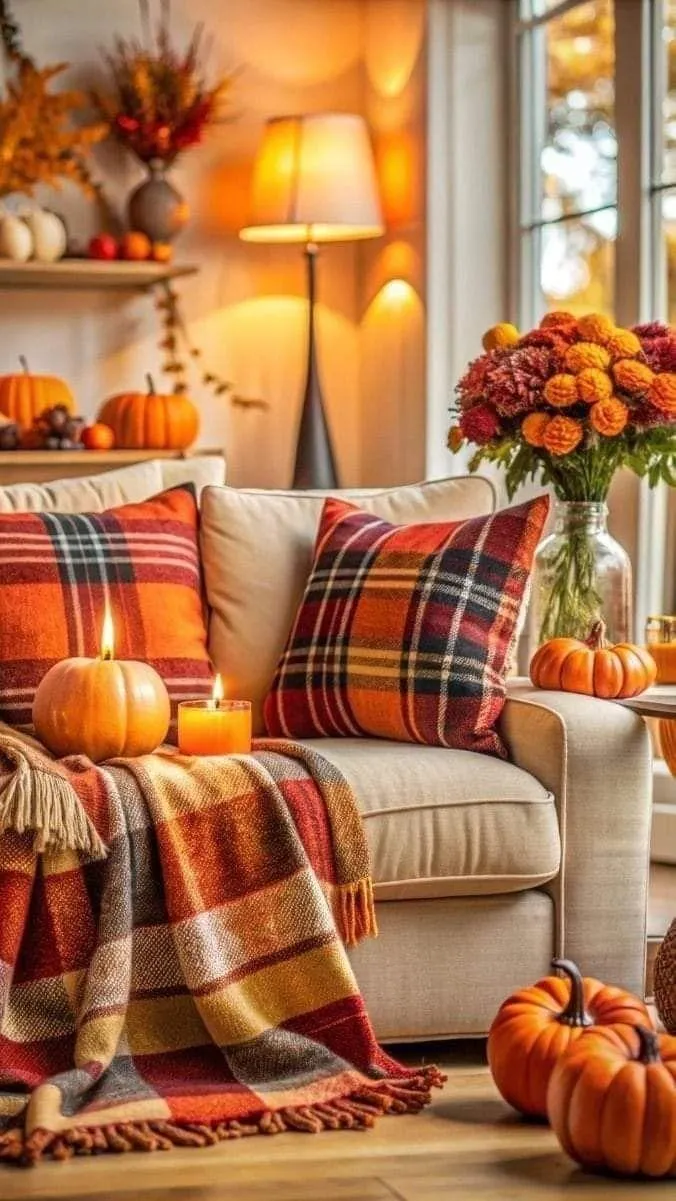 Comfortable Fall Sitting Area with Pumpkin Accents Wallpaper