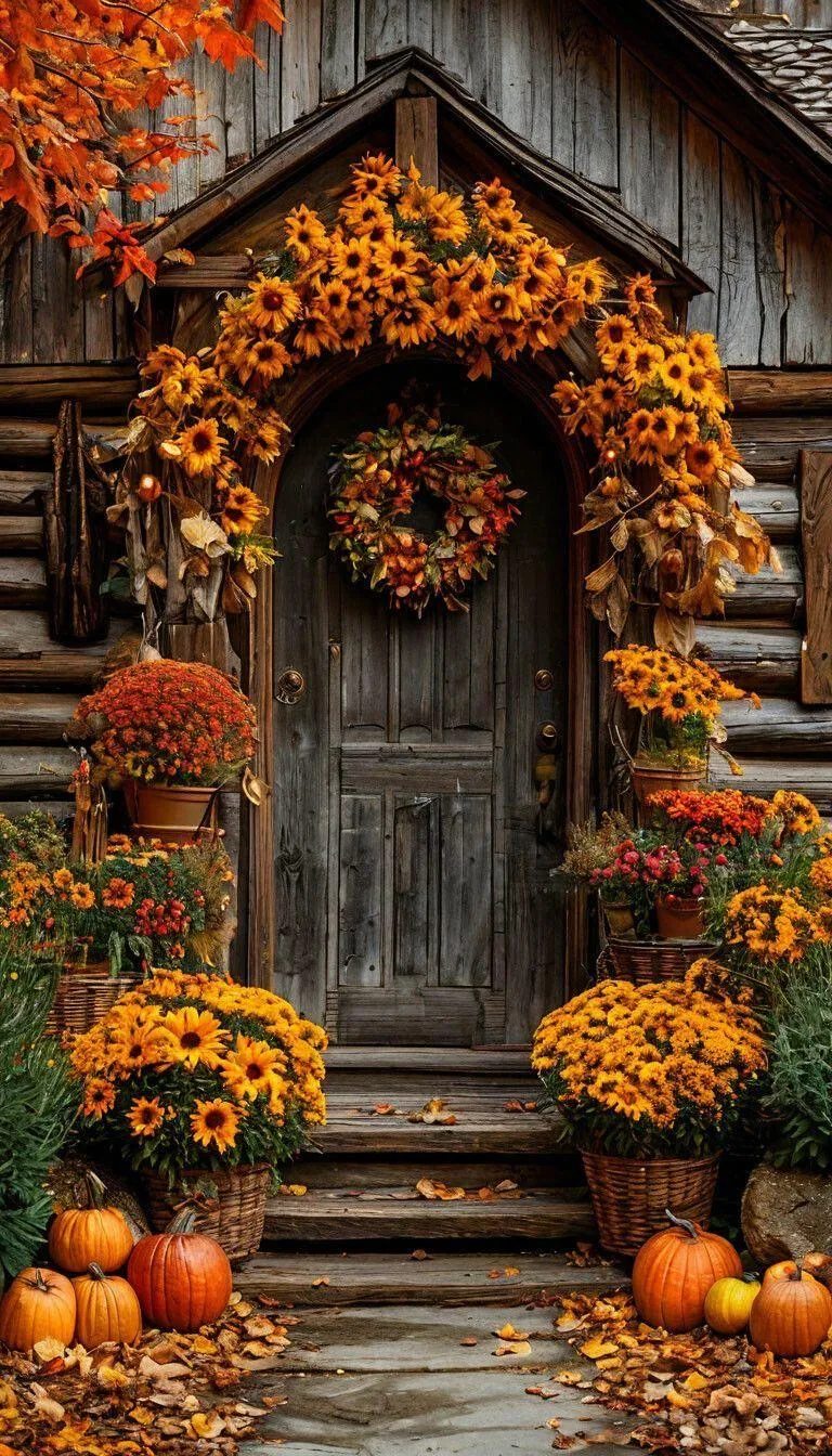 Cottage Entrance Decorated with Pumpkins and Fall Foliage