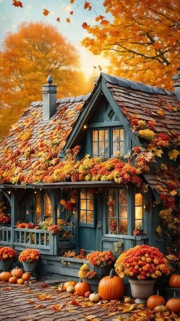 Cottage House with Pumpkin Porch and Fall Trees Wallpaper